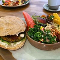 Falafel and spinach burger with salad at Cafe U in Kelso