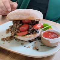 Vegan haggis, tomato and mushroom ciabatta with tomato chilli dip at Cafe U in Kelso