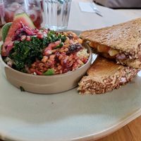 Vegan cheese, tomato and red onion toastie with side salad at Cafe U in Kelso