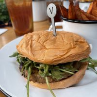 Vegan omnipork burger including vegan bun and sweet potato fries at Beef & Liberty Burgers - Stanley in Hong Kong Island
