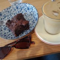 Lemon chocolate vegan brownie and iced soy latte at Gloria in Brunswick