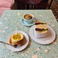 Pistacchio bun and beetroot focaccia at Baja Wegańska Cukiernia in Warsaw