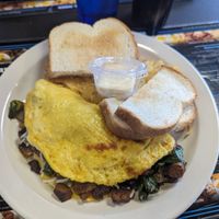 Vegan steak omelette. There's a nice helping of hash browns under the toast. at Black & Blue Diner in Las Vegas