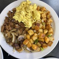 Vegan “steak” and eggs plate  at Black & Blue Diner in Las Vegas
