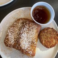Vegan kid’s menu order of French toast with vegan sausage patty   at Black & Blue Diner in Las Vegas