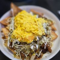 Vegan Chilaquiles with green sauce and "steak" at Black & Blue Diner in Las Vegas
