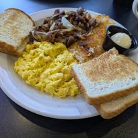 Vegan steak tips and eggs with hashbrowns at Black & Blue Diner in Las Vegas