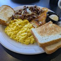 Vegan steak tips and eggs with hashbrowns at Black & Blue Diner in Las Vegas