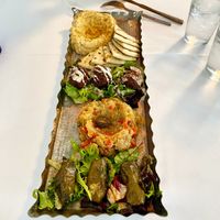Tapas platter with hummus, falafel, baba ganoush, and grape leaves  at Red Onion Organic in Destin