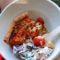 Various vegan cheeses and cherry tomatoes quiche at Morley's Recipe in Marrickville