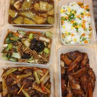 Eggplant,  veggie noodles,  mock Mongolian beef,  mock ginger duck, fried rice. at Happy Family Restaurant  in Tecoma