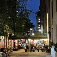 Street view by night at Franchia Vegan Cafe in New York City