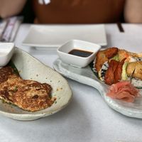 “Crab” cakes and rainbow roll at Franchia Vegan Cafe in New York City