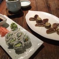 mushrooms, jasmine green tea, and California roll with fake crab  at Franchia Vegan Cafe in New York City