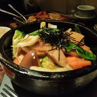 Mock duck stone pot with crunchy rice. Yuuuum at Franchia Vegan Cafe in New York City