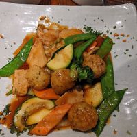 Spicy meatballs and chicken at Franchia Vegan Cafe in New York City