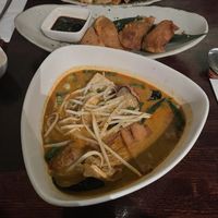 Penang noodles and fried dumplings  at Franchia Vegan Cafe in New York City