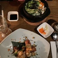 Yakitori and avocado stone bowl  at Franchia Vegan Cafe in New York City
