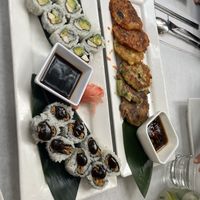 Jeon Korean pancake combo, California roll, crispy tofu skin roll  at Franchia Vegan Cafe in New York City