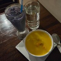 Ube drink and pumpkin "porridge" (was giving soup) at Franchia Vegan Cafe in New York City
