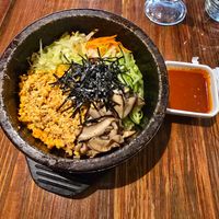 Tofu crumble bimbimbap with veggies and mushrooms at Franchia Vegan Cafe in New York City