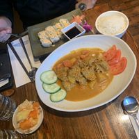 Spicy “tuna” roll and “beef” in spicy coconut sauce - meat eater approved😁  at Franchia Vegan Cafe in New York City