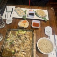 Sizzling mushrooms and sushi #Veganuary at Franchia Vegan Cafe in New York City