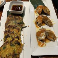Scallion and sweet corn cilantro pancakes; stuffed mushrooms   at Franchia Vegan Cafe in New York City