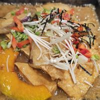 Braised tofu with kabocha and eggplant at Franchia Vegan Cafe in New York City