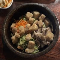 Tempeh bowl which was sizzling during the entire meal!!  at Franchia Vegan Cafe in New York City