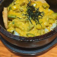 Curry "chicken" in hot stone bowl at Franchia Vegan Cafe in New York City