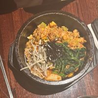 Stone bowl with kimchi at Franchia Vegan Cafe in New York City