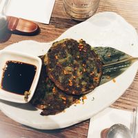 Gluten-free leek pancakes at Franchia Vegan Cafe in New York City