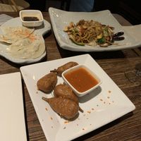 Wings, dumplings and noodles  at Franchia Vegan Cafe in New York City