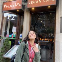 happy at Franchia Vegan Cafe in New York City