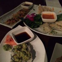 scallion pancakes, steamed dumplings, and guacamole sushi at Franchia Vegan Cafe in New York City