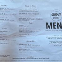 Separate vegan menu. No butternut squash, harvest salad, or seasonal tacos when we went. at Simply Crepes Cafe in Canandaigua