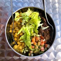 Vegan vege bowl with chickpea and eggplant curry, rice, lettuce, and tomato salsa.  at Mint-n-Chili in Sausalito
