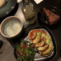 Toast with hummus and avjar, chocolate cake, green coffe at Maloca Coffee & Food in Bodo