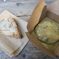 Half order of the biscuits and gravy? And a chocolate chip scone at Wandering Goat Coffee Co. in Eugene