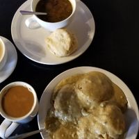 Biscuits and gravy, coffee, latte and soup. All vegan at Wandering Goat Coffee Co. in Eugene