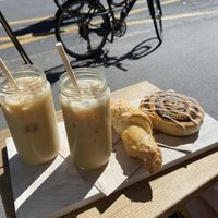 iced coffee, almond coffee, cinnamon roll  at Bakery Bakery - Länggasse in Bern