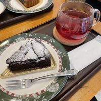 Chocolate cake with fruit tea at Marbre Vegan in Tokyo