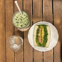 Iced soy matcha latte and vegan egg salad sandwich    at Marbre Vegan in Tokyo