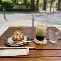 Banana tart and matcha latte  at Marbre Vegan in Tokyo