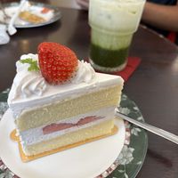 Strawberry cake and matcha   at Marbre Vegan in Tokyo