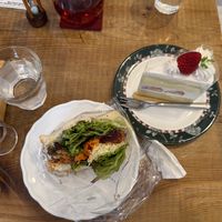 Katsu sandwich and strawberry shortcake  at Marbre Vegan in Tokyo