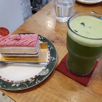 Sakura layer cake and matcha at Marbre Vegan in Tokyo