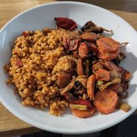 Rice and grilled vegetables from the buffet at Paradise Food in Skopje