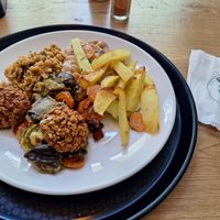 Mixed warm foods from the buffet at Paradise Food in Skopje